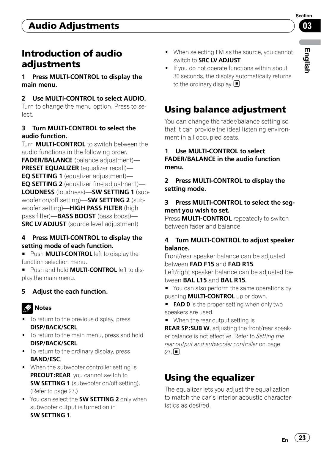 Pioneer DEH-P310UB operation manual Audio Adjustments Introduction of audio, Using balance adjustment, Using the equalizer 