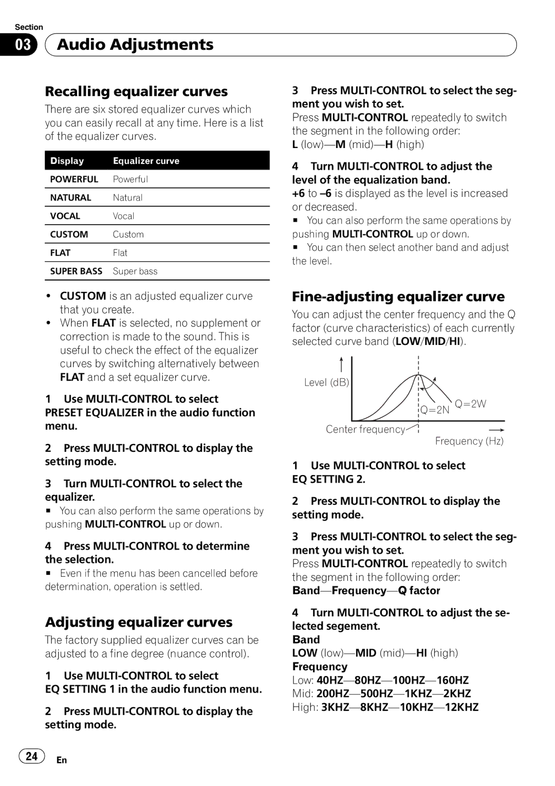 Pioneer DEH-P310UB operation manual Audio Adjustments, Recalling equalizer curves, Adjusting equalizer curves, EQ Setting 