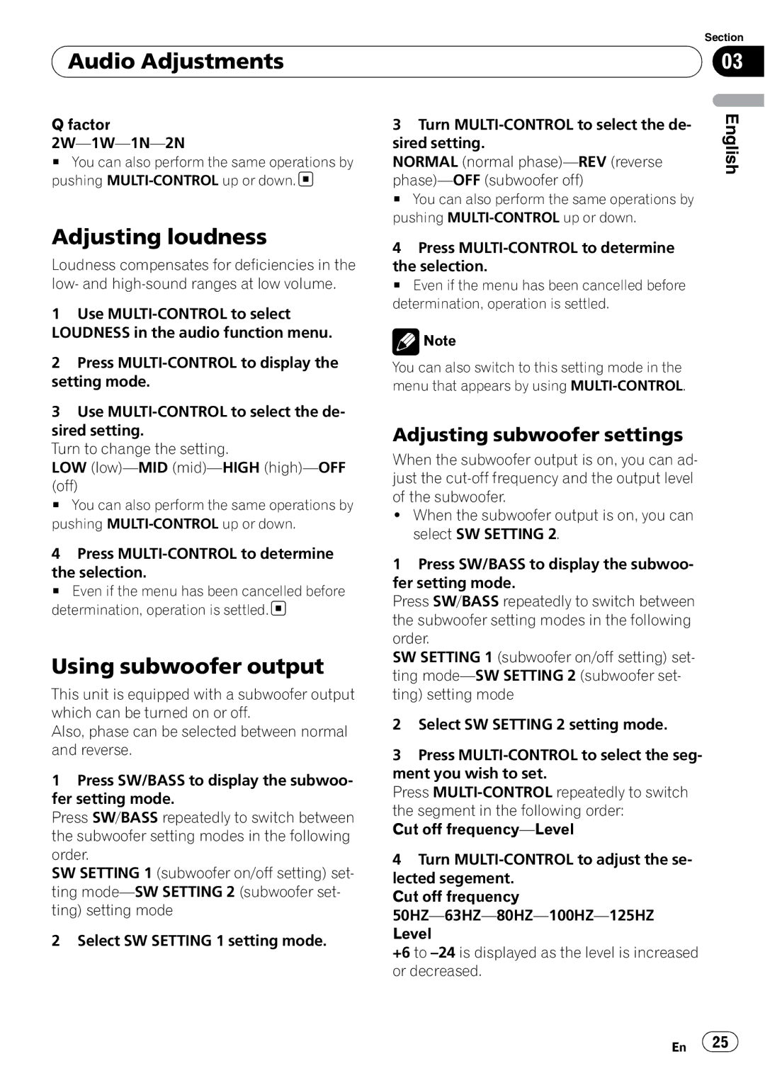 Pioneer DEH-P310UB operation manual Adjusting loudness, Using subwoofer output, Adjusting subwoofer settings 