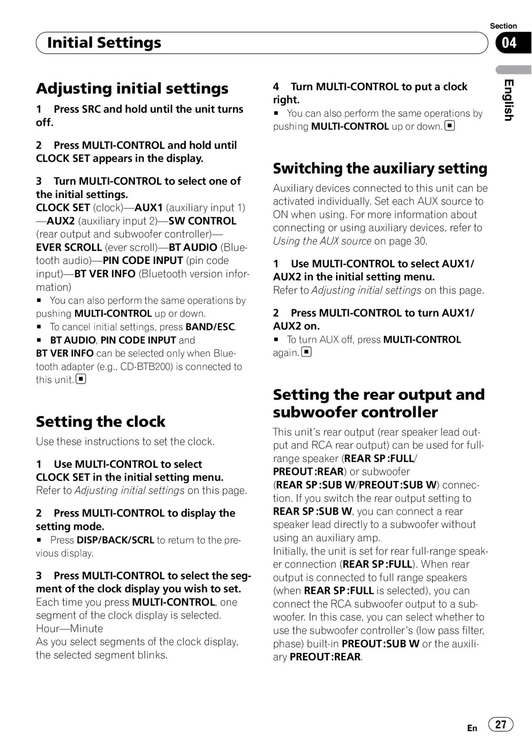 Pioneer DEH-P310UB Initial Settings Adjusting initial settings, Switching the auxiliary setting, Setting the clock 