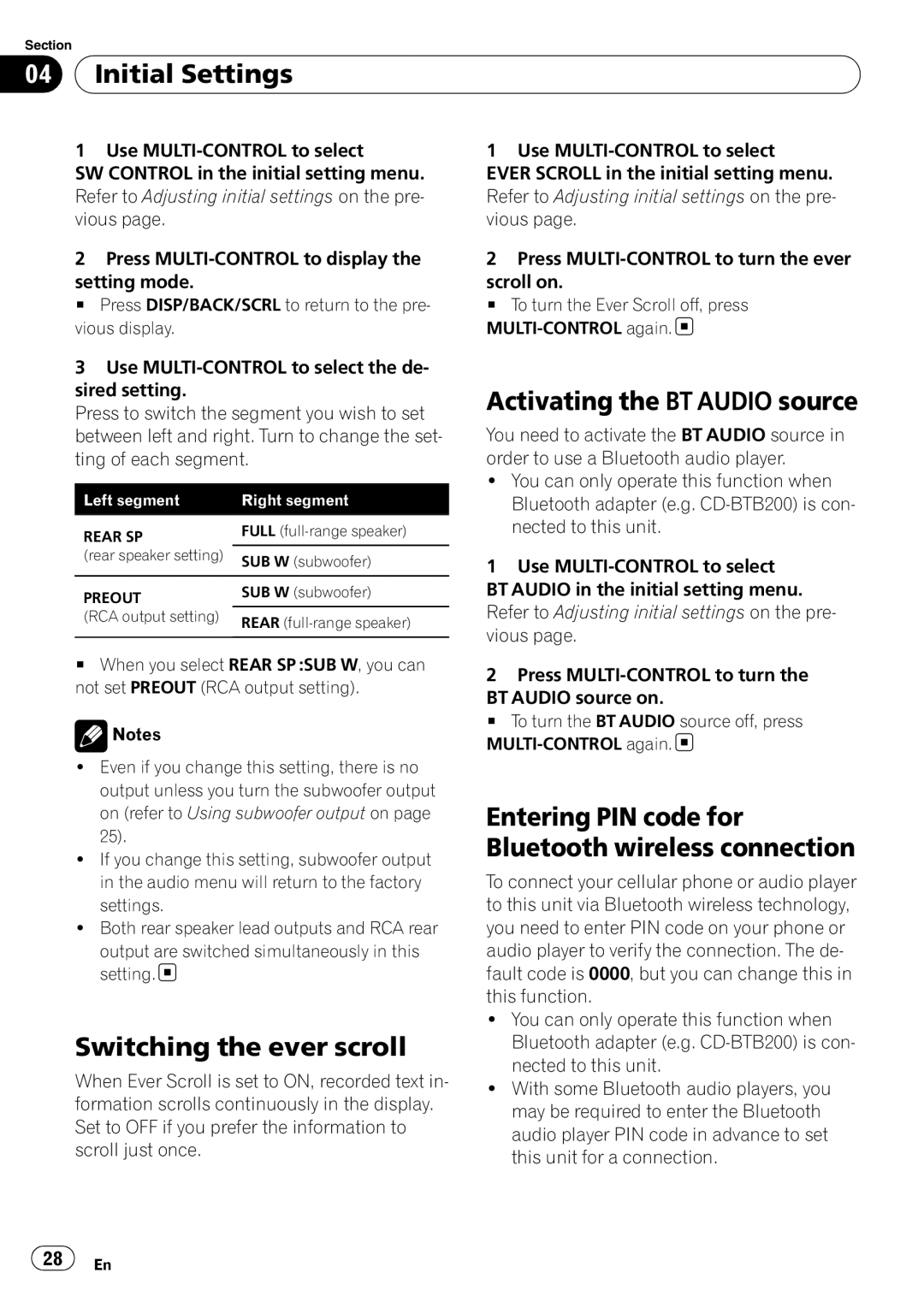 Pioneer DEH-P310UB operation manual Initial Settings, Activating the BT Audio source, Switching the ever scroll 