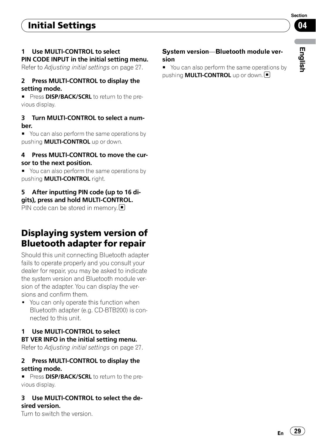 Pioneer DEH-P310UB operation manual Displaying system version of Bluetooth adapter for repair 