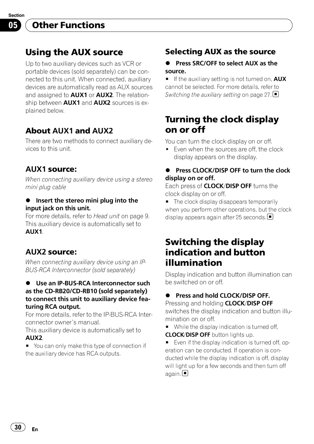 Pioneer DEH-P310UB operation manual Other Functions Using the AUX source, Turning the clock display on or off 