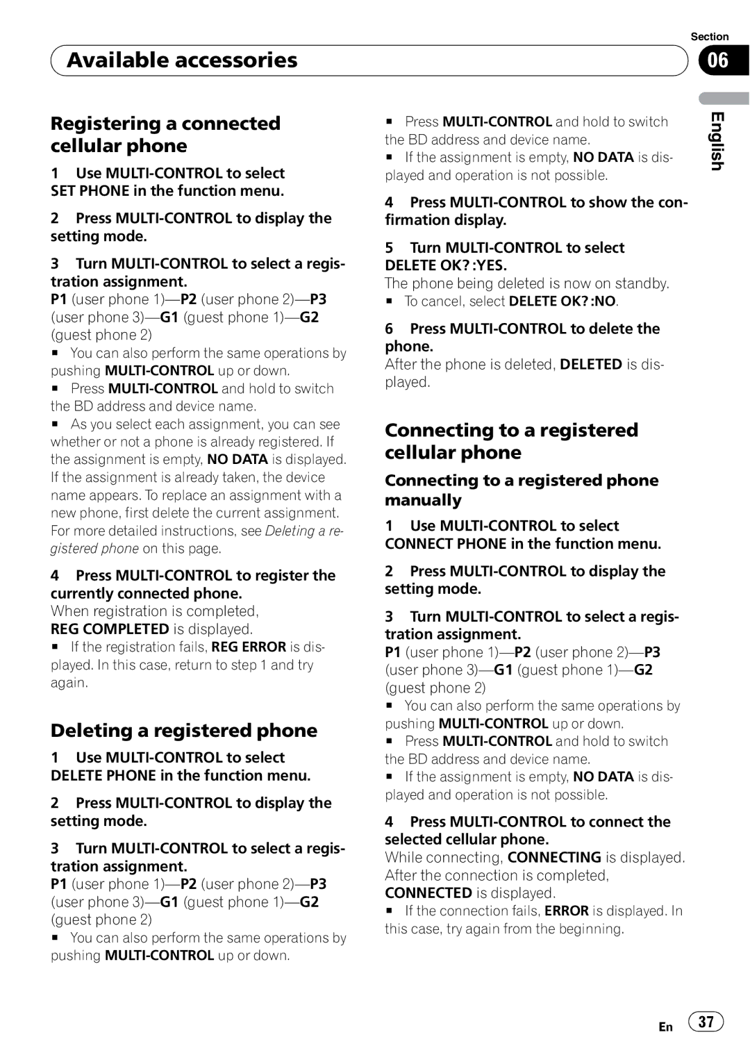 Pioneer DEH-P310UB operation manual Registering a connected cellular phone, Deleting a registered phone, Delete OK? YES 