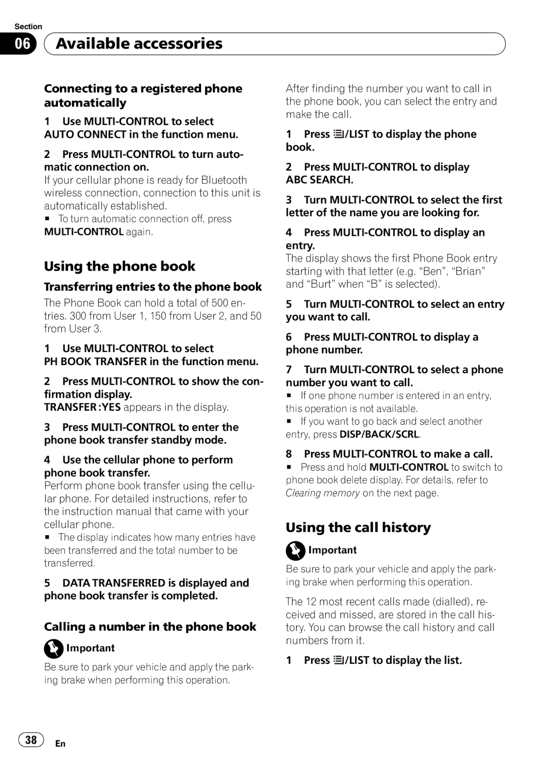 Pioneer DEH-P310UB Using the phone book, Using the call history, Connecting to a registered phone automatically 