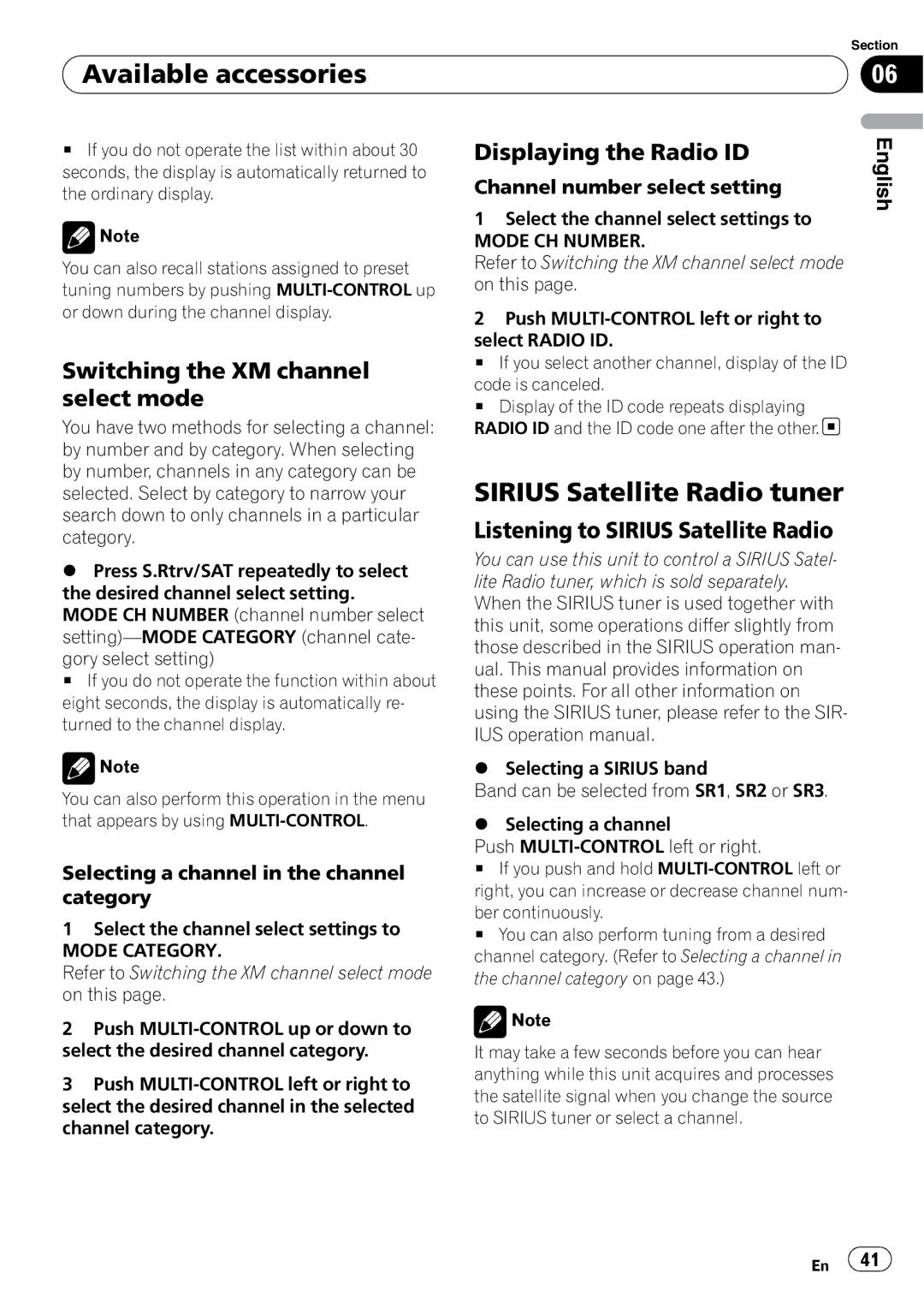 Pioneer DEH-P310UB Sirius Satellite Radio tuner, Switching the XM channel select mode, Displaying the Radio ID 