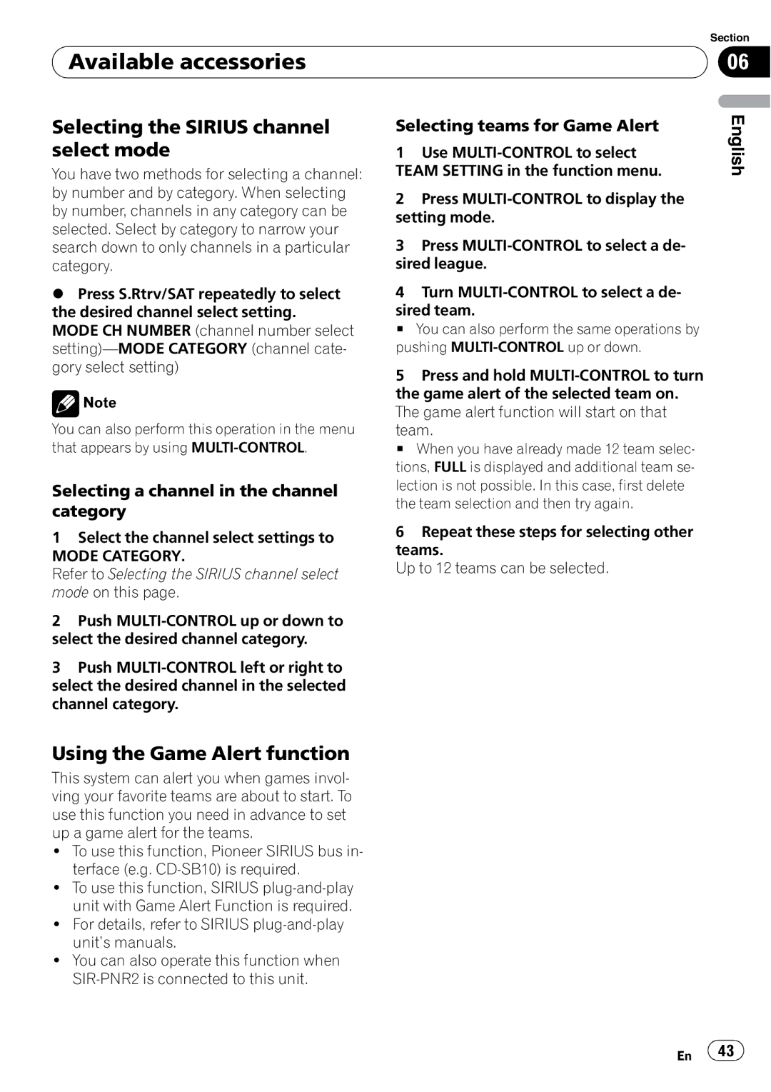 Pioneer DEH-P310UB Selecting the Sirius channel select mode, Using the Game Alert function, Selecting teams for Game Alert 