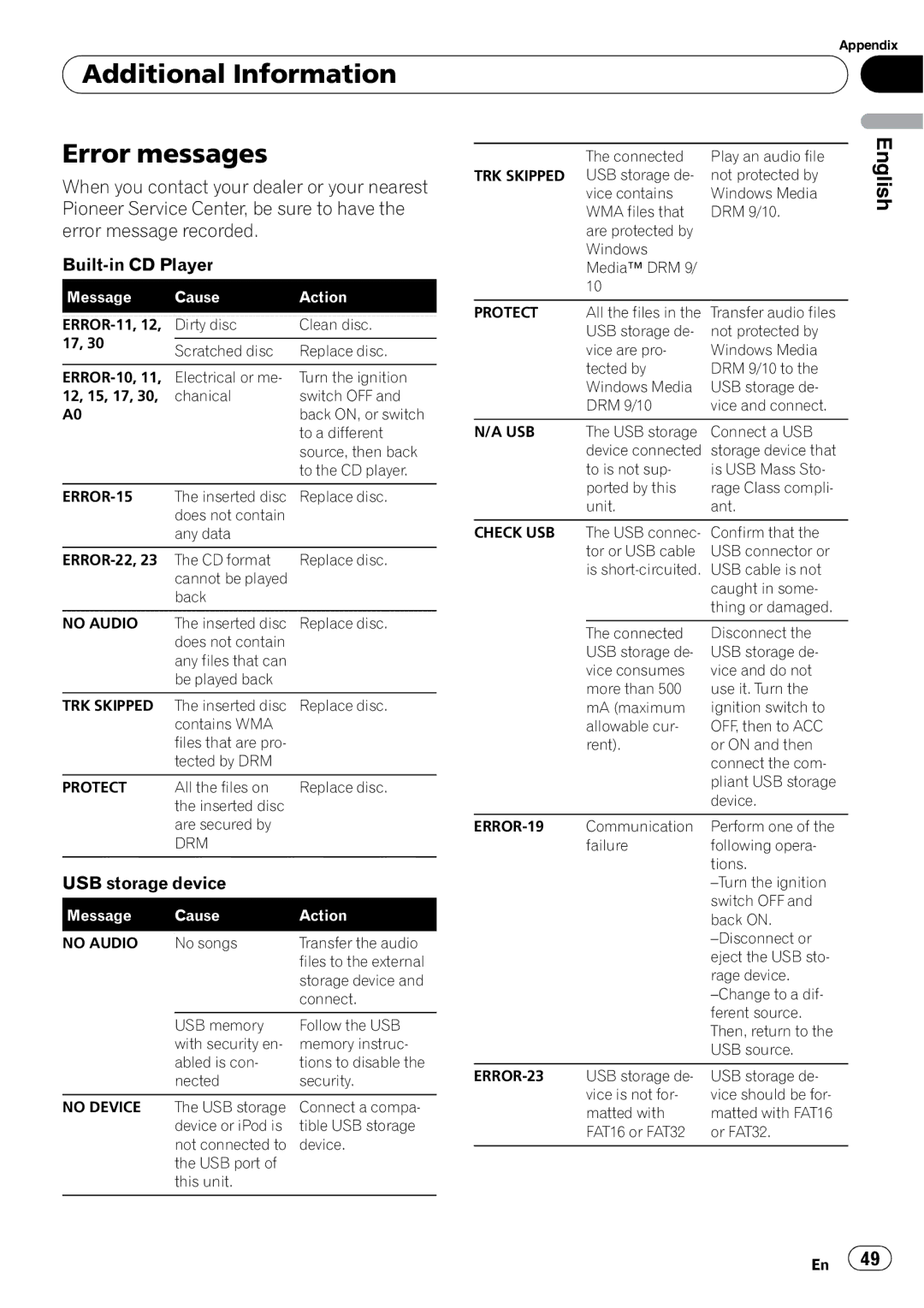 Pioneer DEH-P310UB operation manual Additional Information Error messages, USB storage device 