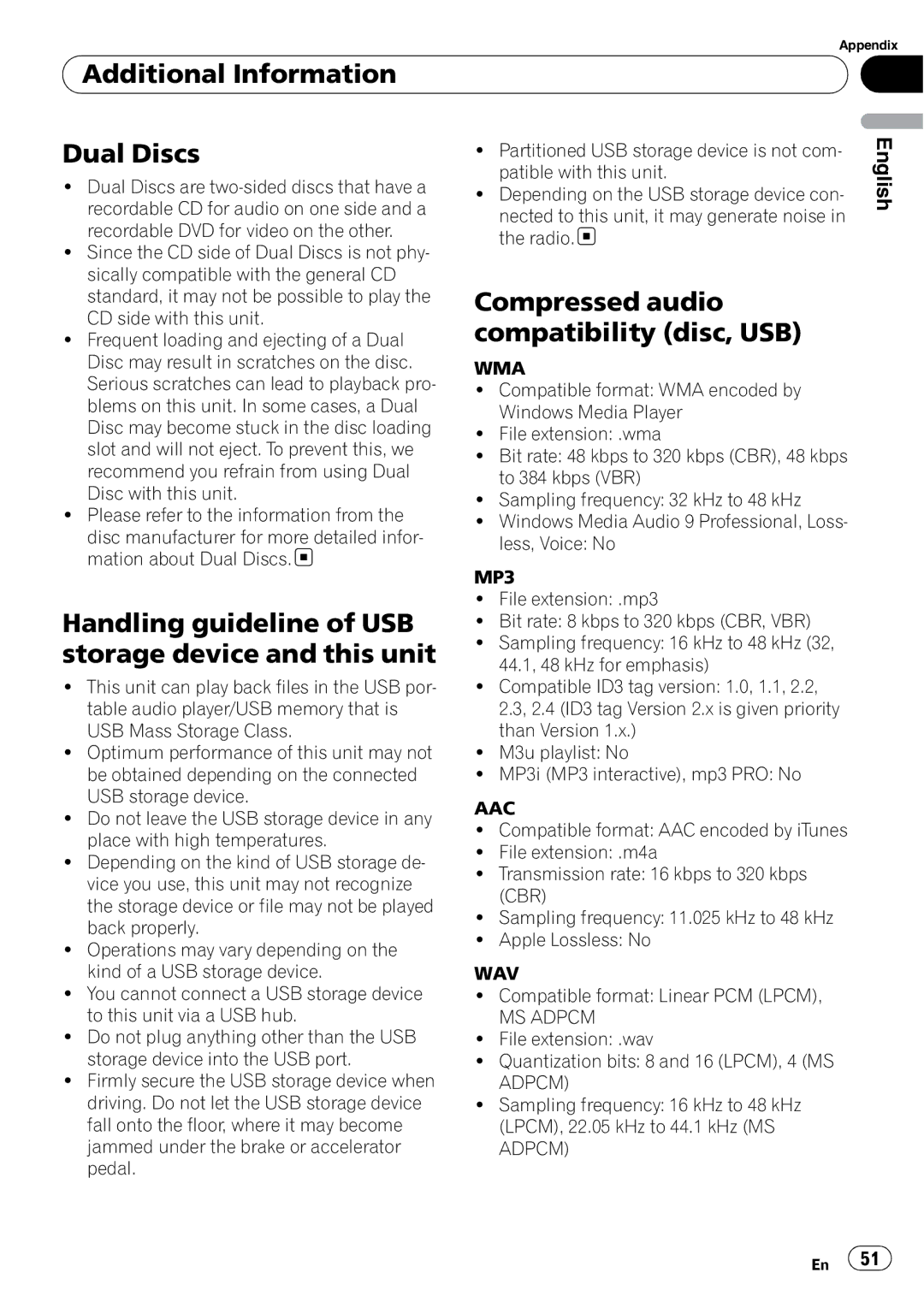 Pioneer DEH-P310UB Additional Information Dual Discs, Handling guideline of USB storage device and this unit 