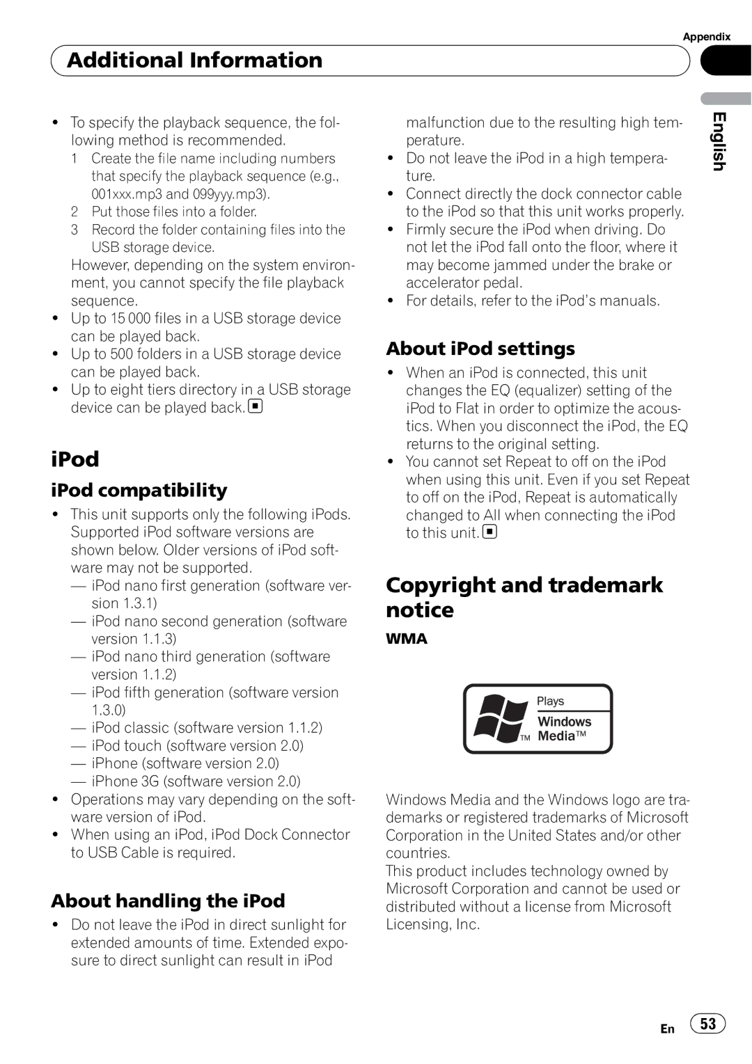 Pioneer DEH-P310UB Copyright and trademark notice, IPod compatibility, About handling the iPod, About iPod settings 