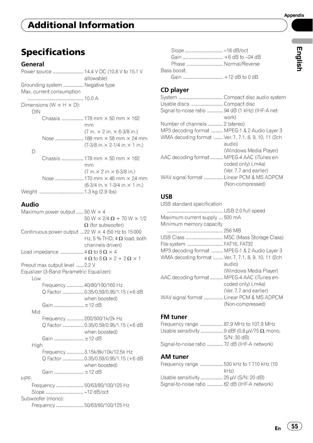 Pioneer DEH-P310UB operation manual Additional Information Specifications, Usb 