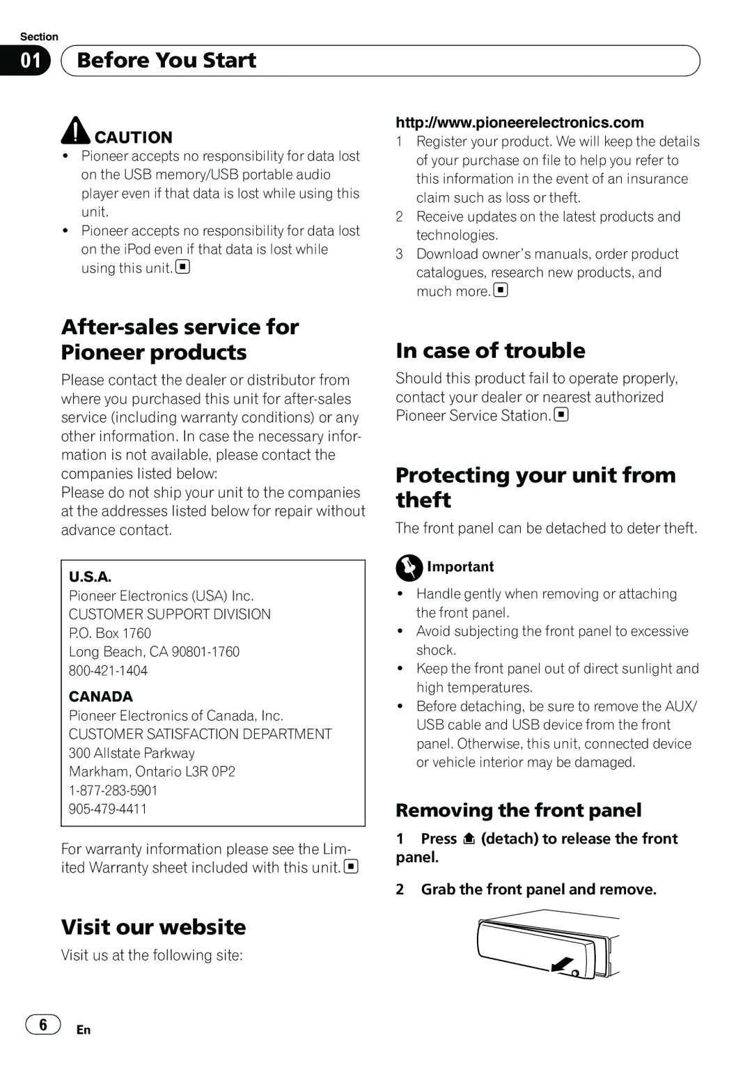 Pioneer DEH-P310UB Before You Start, After-sales service for Pioneer products, Case of trouble, Visit our website 