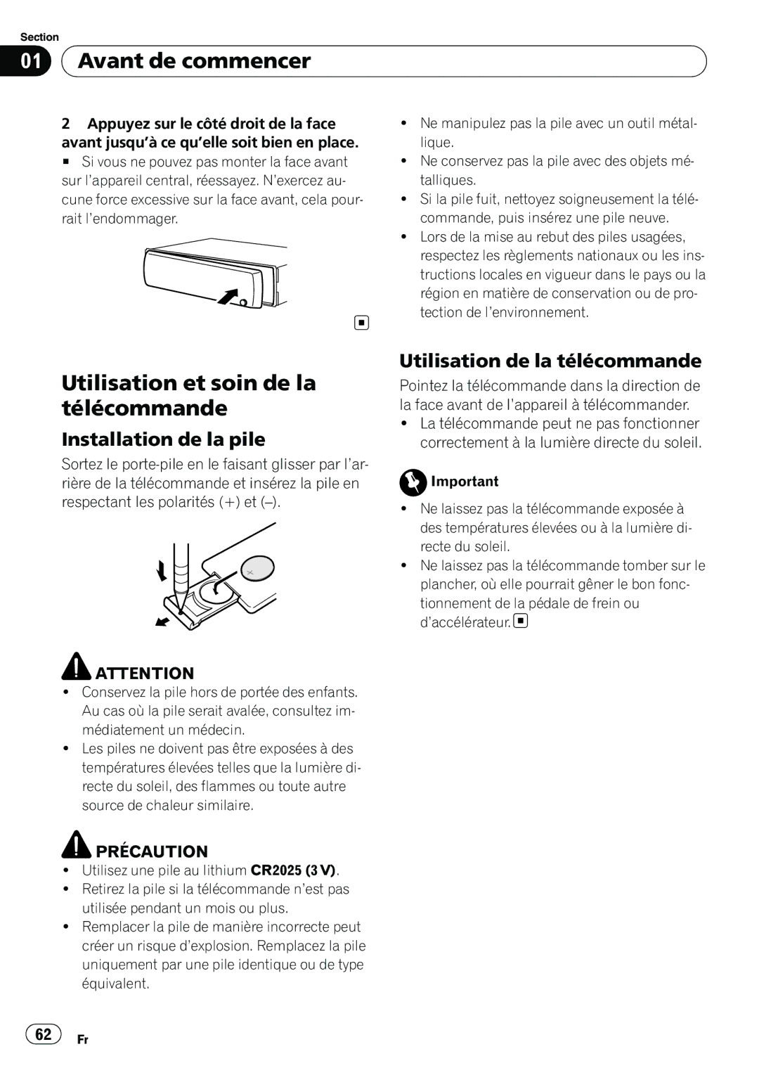 Pioneer DEH-P310UB Utilisation et soin de la télécommande, Installation de la pile, Utilisation de la télécommande 