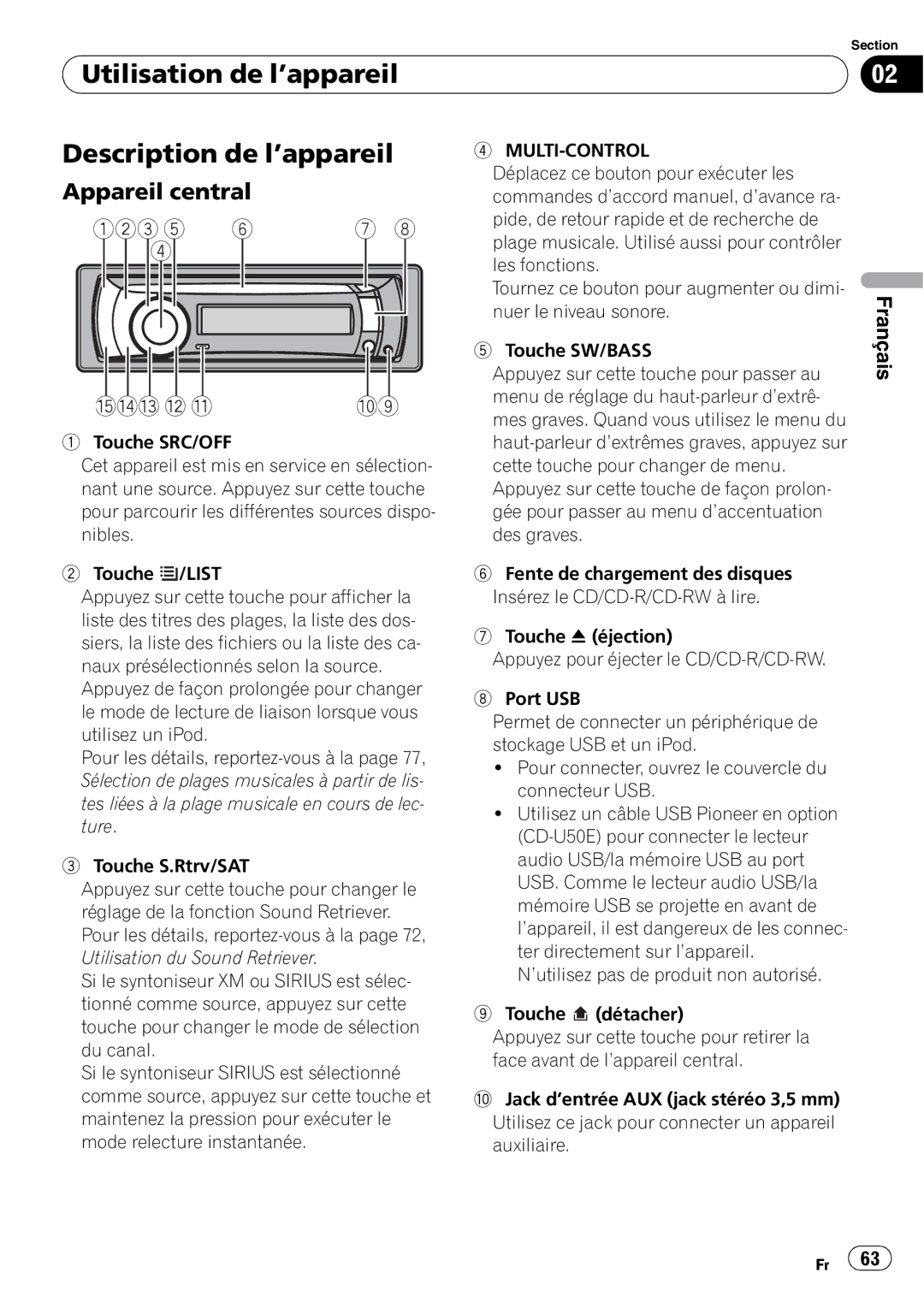 Pioneer DEH-P310UB operation manual Utilisation de l’appareil Description de l’appareil, Appareil central 