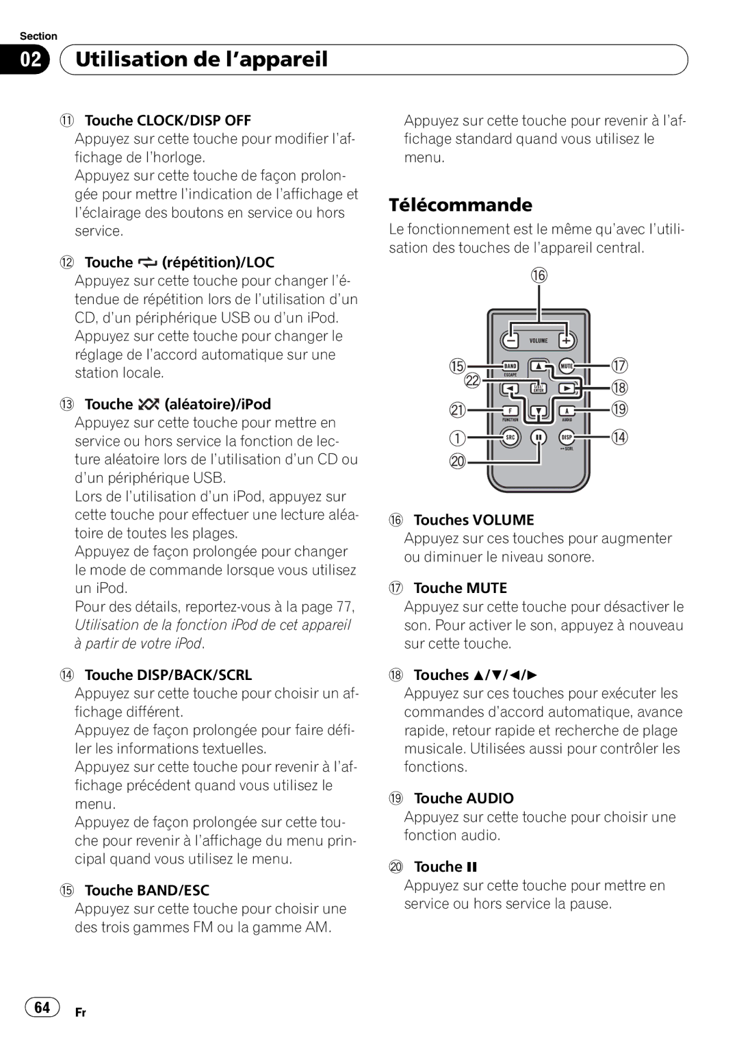 Pioneer DEH-P310UB operation manual Utilisation de l’appareil, Télécommande 