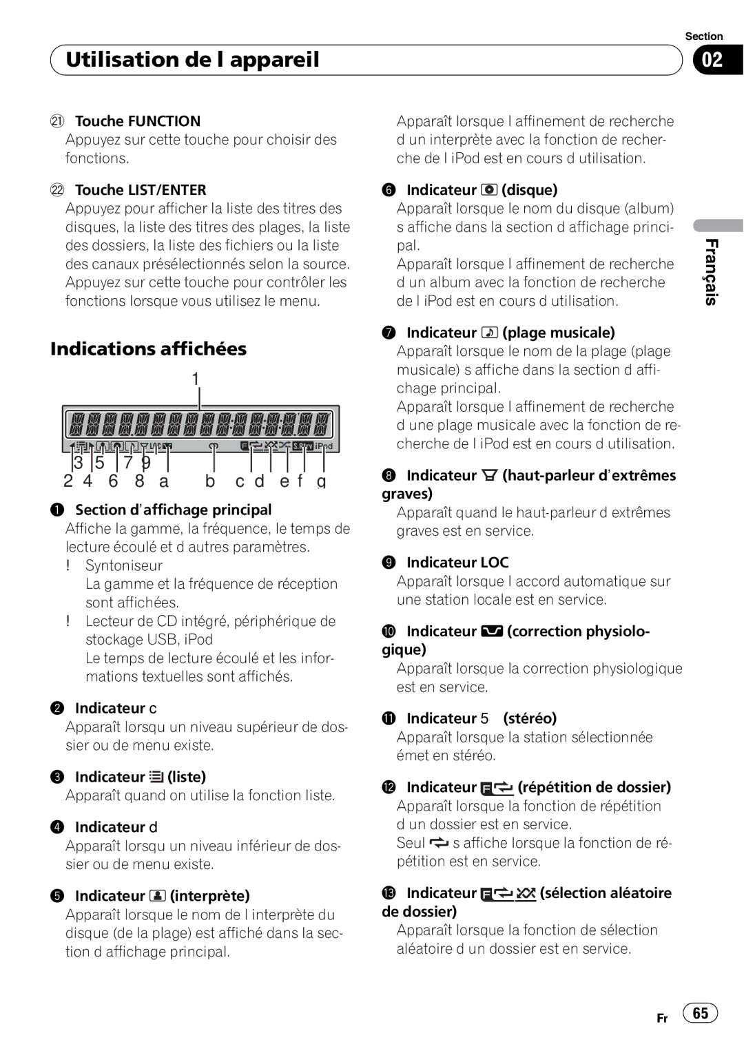 Pioneer DEH-P310UB operation manual Indications affichées 