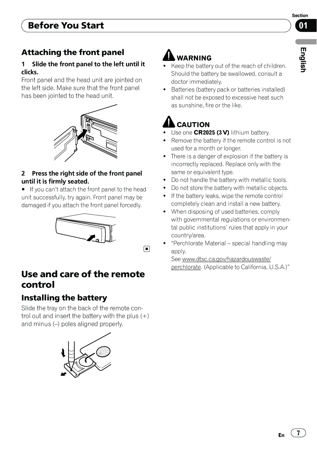 Pioneer DEH-P310UB operation manual Use and care of the remote control, Attaching the front panel, Installing the battery 