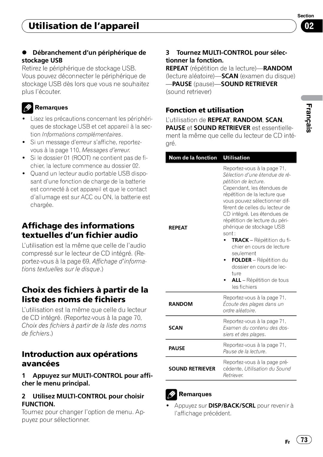 Pioneer DEH-P310UB Affichage des informations textuelles d’un fichier audio, Introduction aux opérations, Avancées 