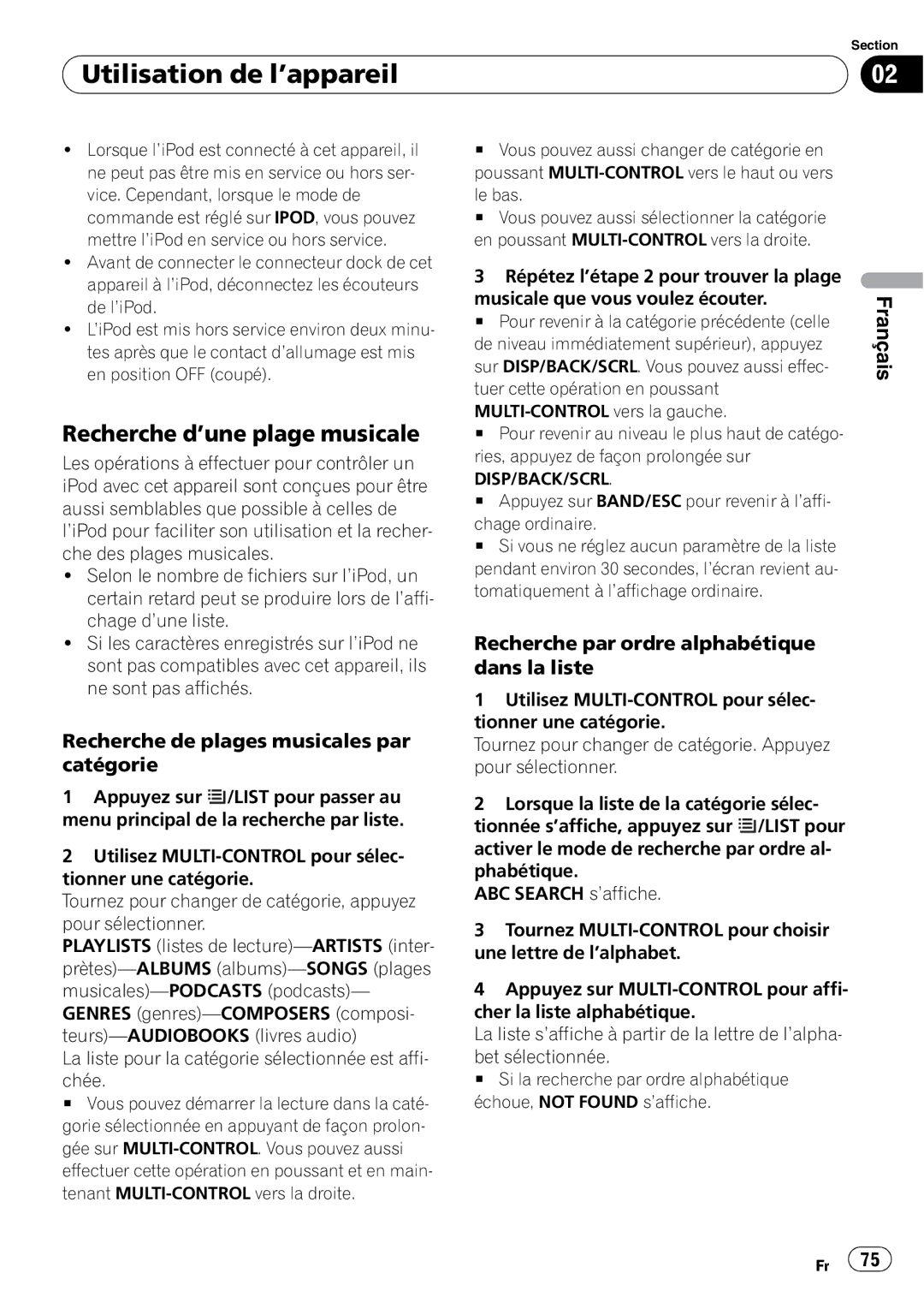 Pioneer DEH-P310UB operation manual Recherche d’une plage musicale, Recherche de plages musicales par catégorie 