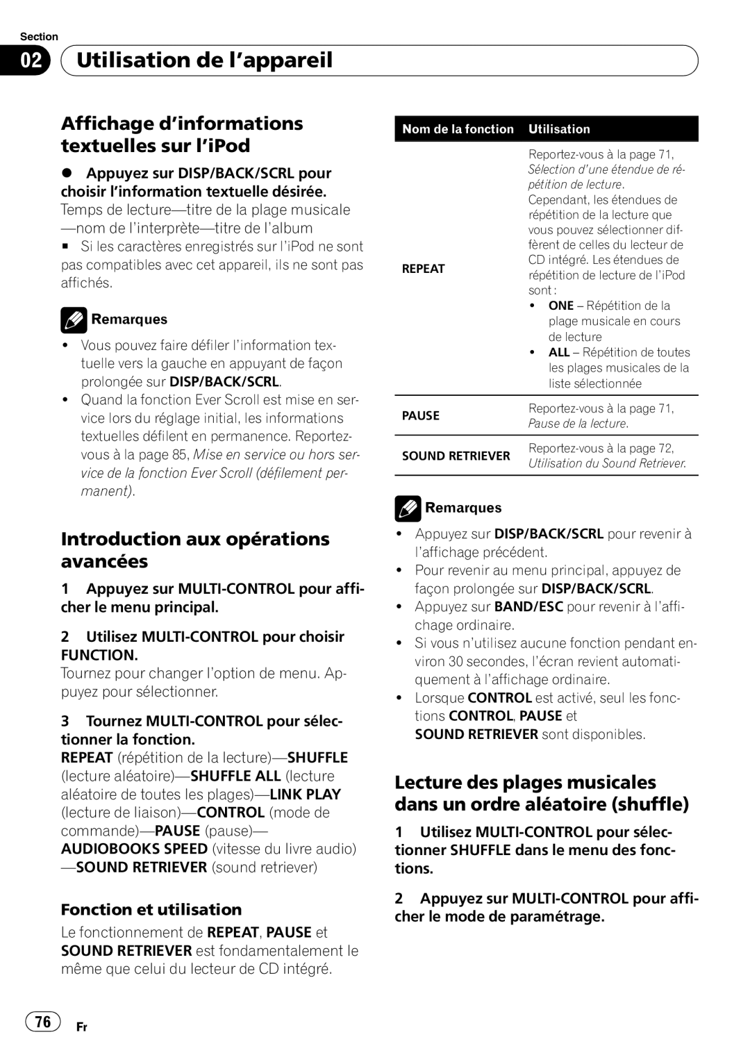 Pioneer DEH-P310UB operation manual Affichage d’informations textuelles sur l’iPod, Prolongée sur DISP/BACK/SCRL, Manent 