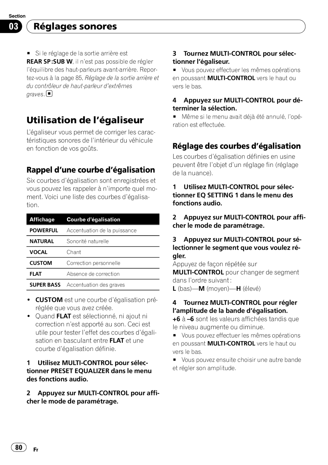 Pioneer DEH-P310UB operation manual 03 Réglages sonores, Utilisation de l’égaliseur, Rappel d’une courbe d’égalisation 