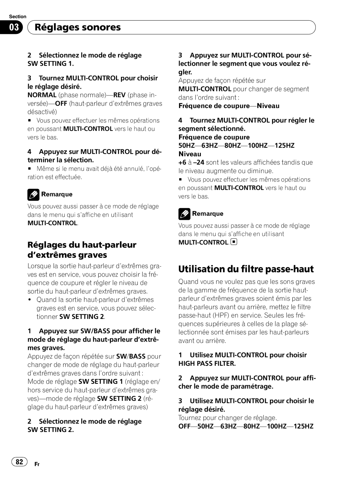 Pioneer DEH-P310UB operation manual Utilisation du filtre passe-haut, Réglages du haut-parleur d’extrêmes graves 