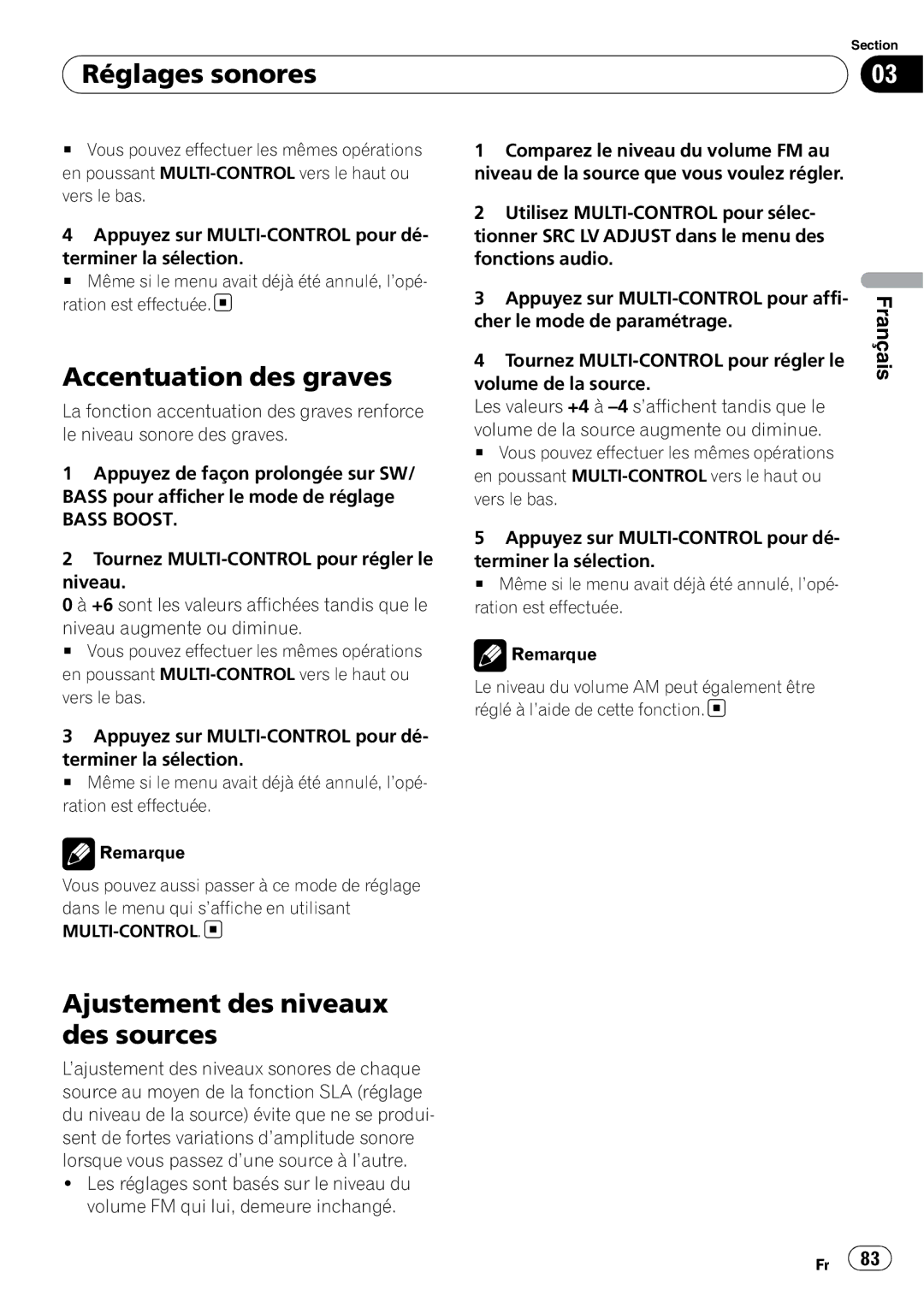 Pioneer DEH-P310UB operation manual Accentuation des graves, Ajustement des niveaux des sources, Bass Boost 