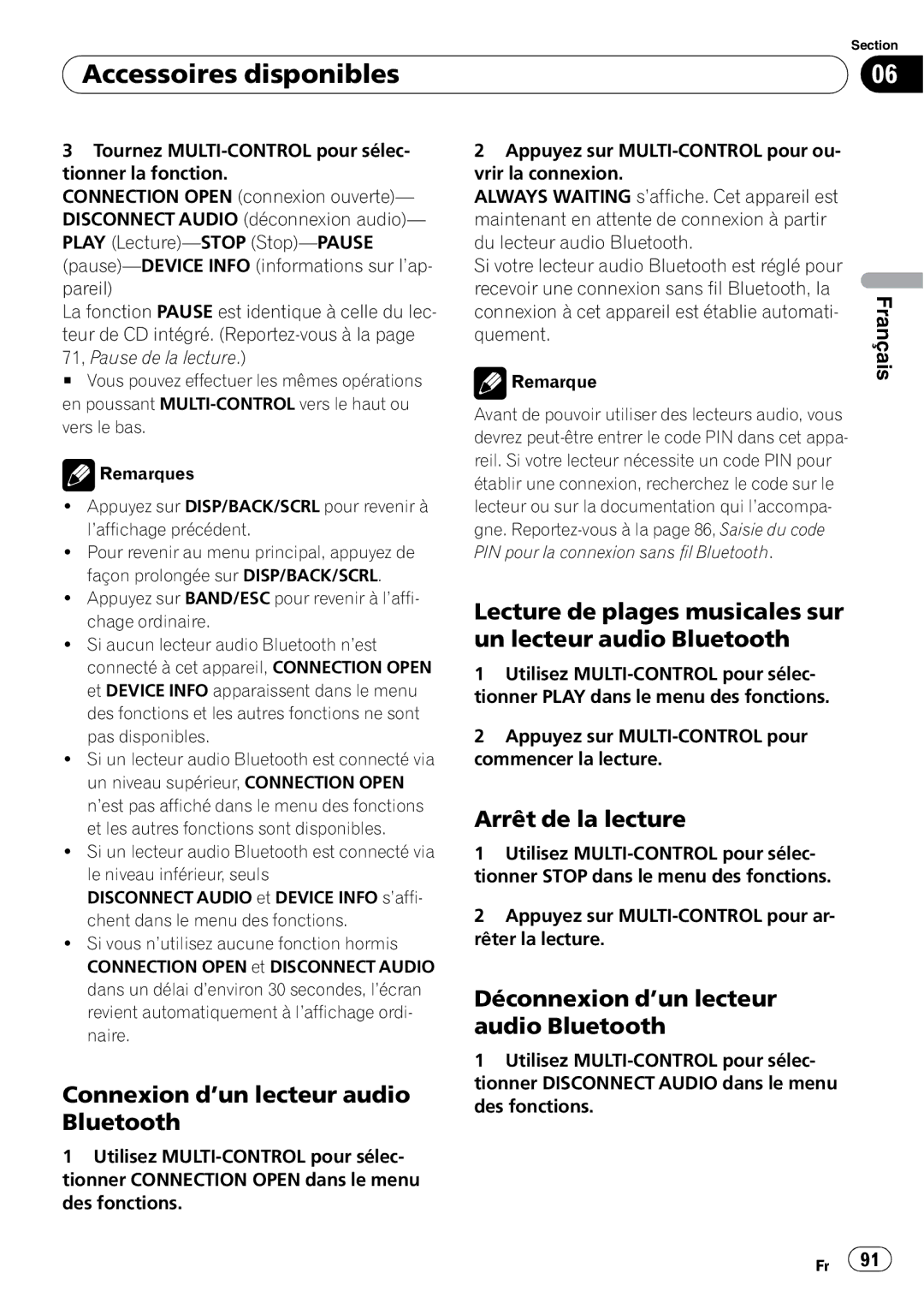 Pioneer DEH-P310UB operation manual Accessoires disponibles, Connexion d’un lecteur audio Bluetooth, Arrêt de la lecture 