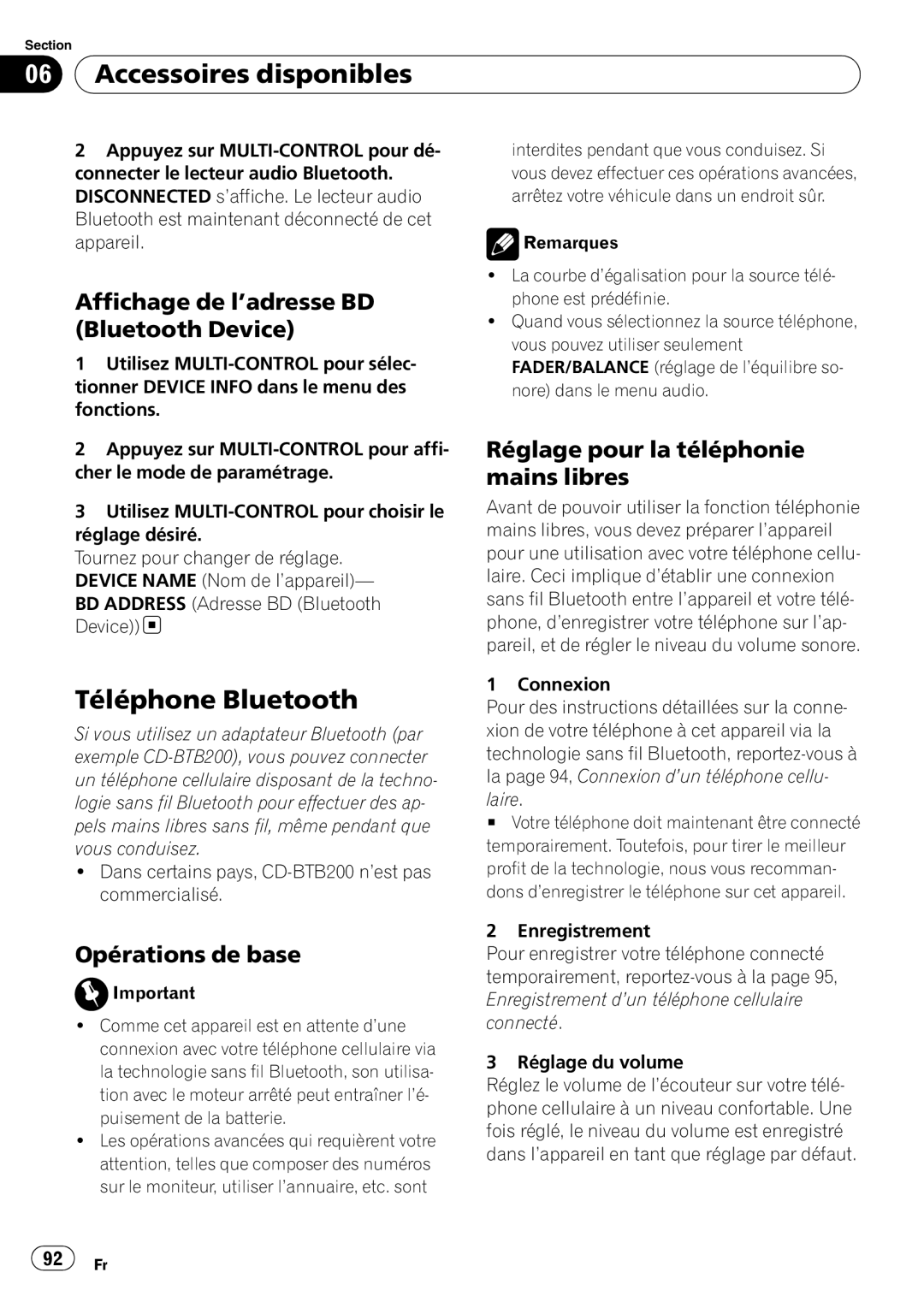 Pioneer DEH-P310UB operation manual Téléphone Bluetooth, Affichage de l’adresse BD Bluetooth Device 