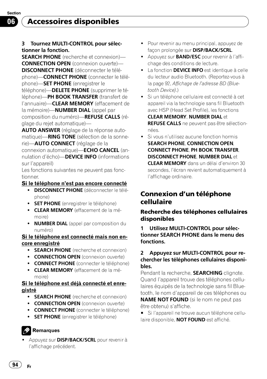 Pioneer DEH-P310UB operation manual Connexion d’un téléphone cellulaire, Recherche des téléphones cellulaires disponibles 