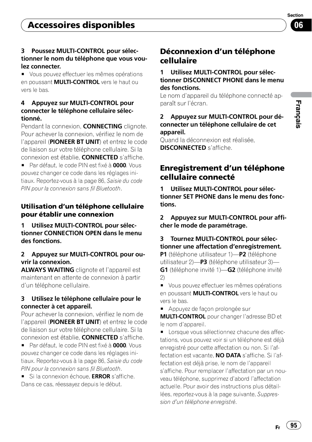 Pioneer DEH-P310UB Déconnexion d’un téléphone cellulaire, Enregistrement d’un téléphone cellulaire connecté 