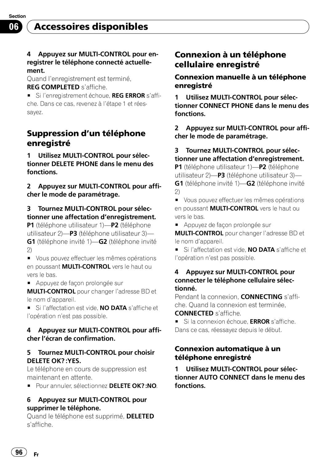 Pioneer DEH-P310UB operation manual Suppression d’un téléphone enregistré, Connexion à un téléphone cellulaire enregistré 