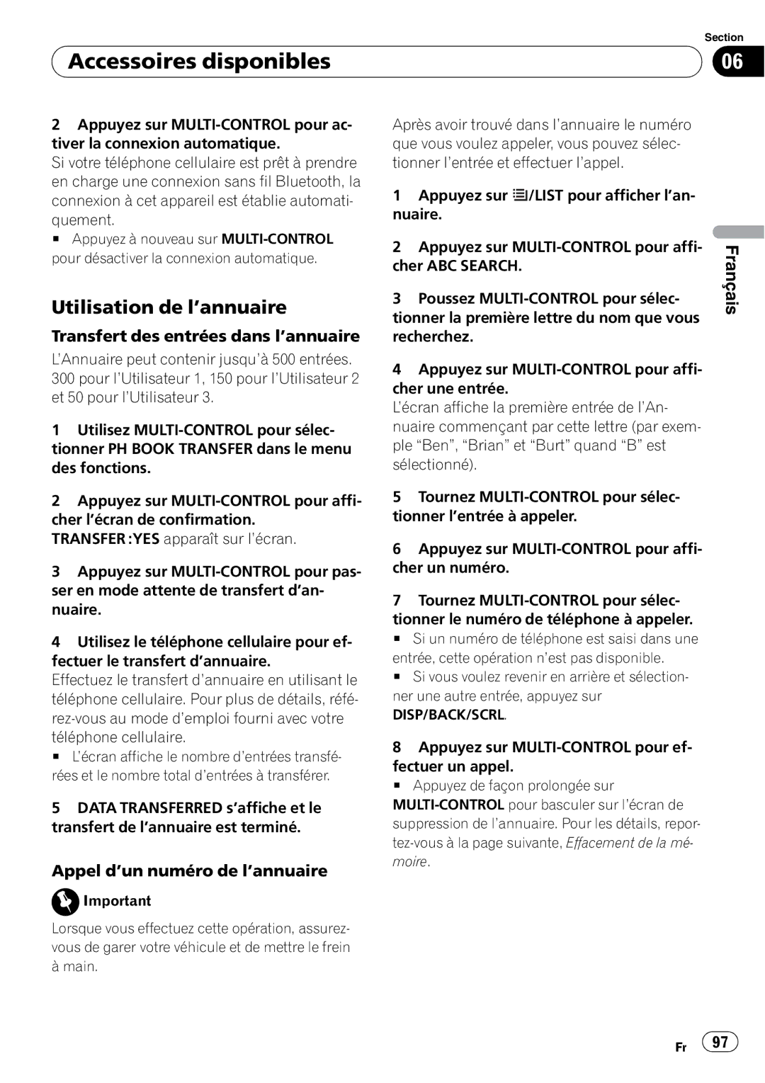 Pioneer DEH-P310UB Utilisation de l’annuaire, Transfert des entrées dans l’annuaire, Appel d’un numéro de l’annuaire 