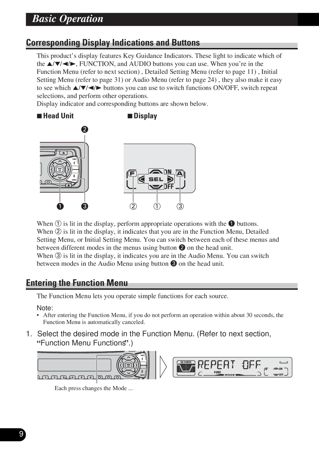 Pioneer DEH-P3150-B Corresponding Display Indications and Buttons, Entering the Function Menu, 7Head Unit 7Display 