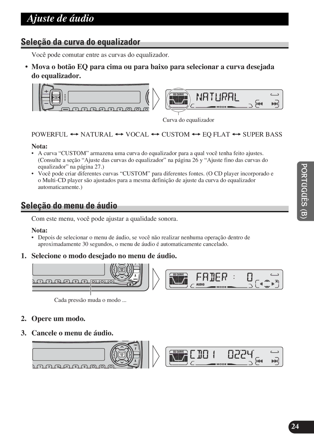 Pioneer DEH-P3150-B operation manual Ajuste de áudio, Seleção da curva do equalizador, Seleção do menu de áudio 