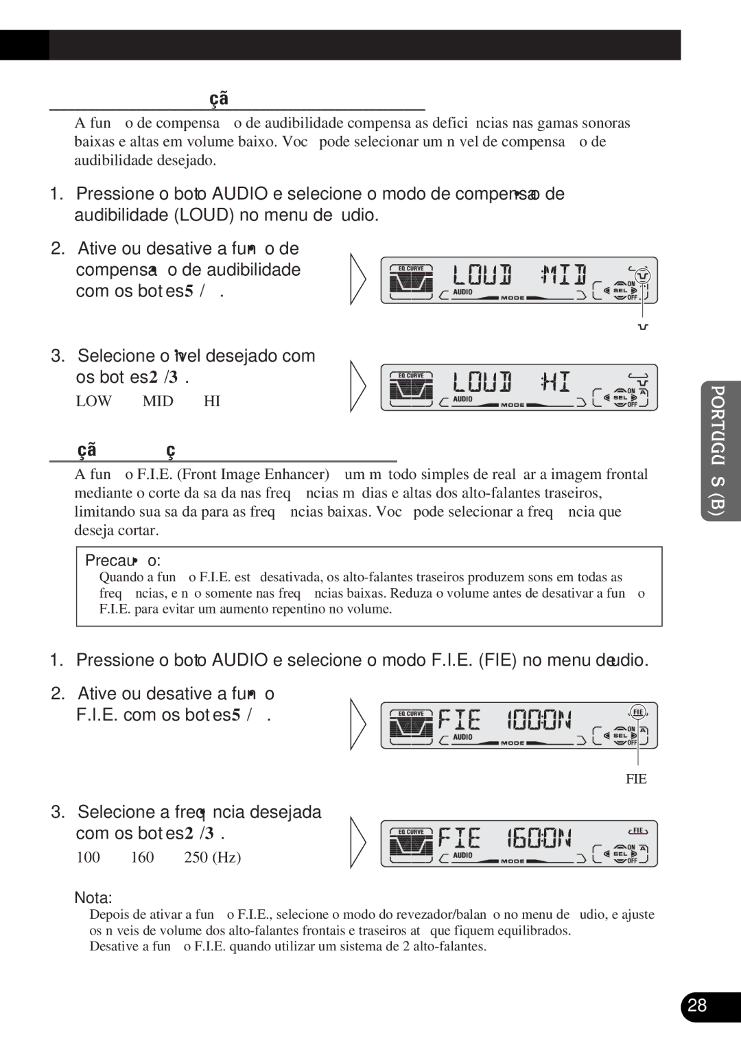 Pioneer DEH-P3150-B Ajuste da compensação de audibilidade Loud, Função do realçador de imagem frontal FIE, Precaução 