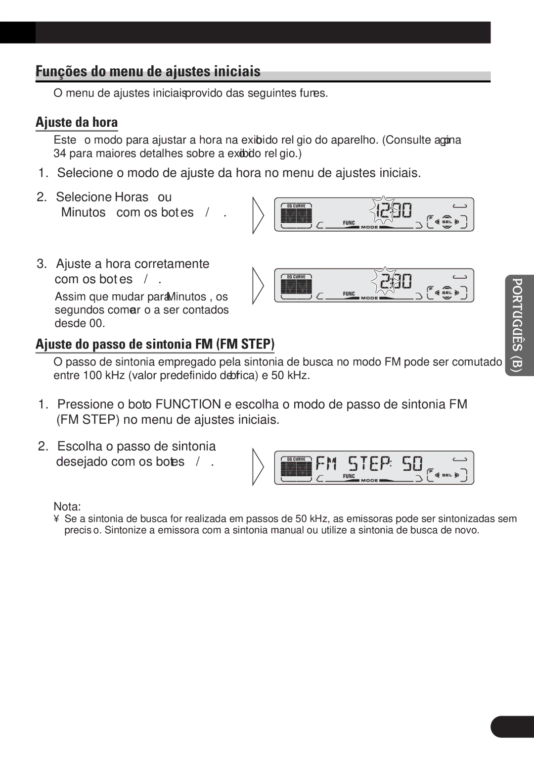 Pioneer DEH-P3150-B Funções do menu de ajustes iniciais, Ajuste da hora, Ajuste do passo de sintonia FM FM Step 