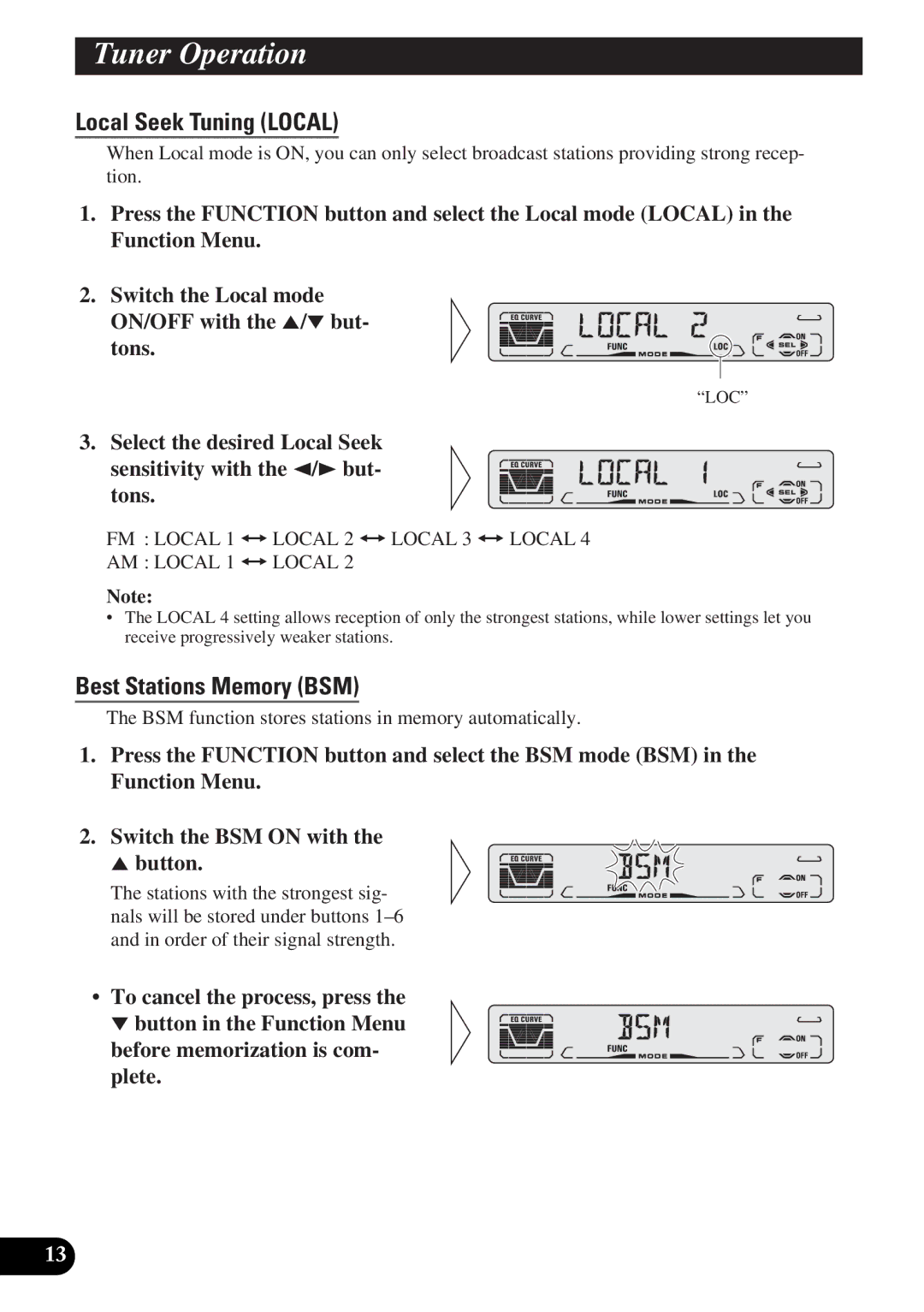 Pioneer DEH-P3150-B operation manual Tuner Operation, Local Seek Tuning Local, Best Stations Memory BSM 