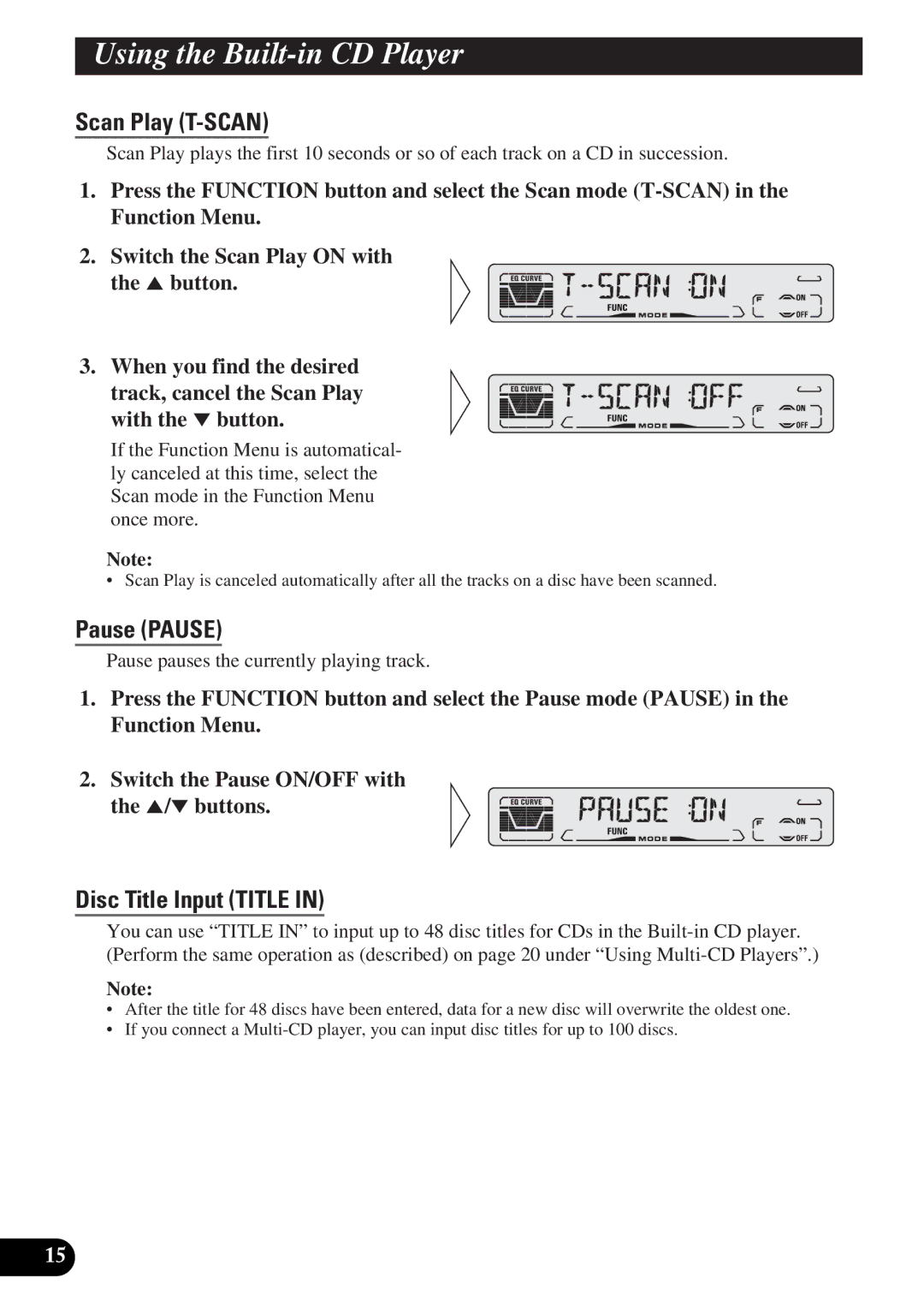 Pioneer DEH-P3150-B operation manual Scan Play T-SCAN, Pause Pause, Disc Title Input Title 