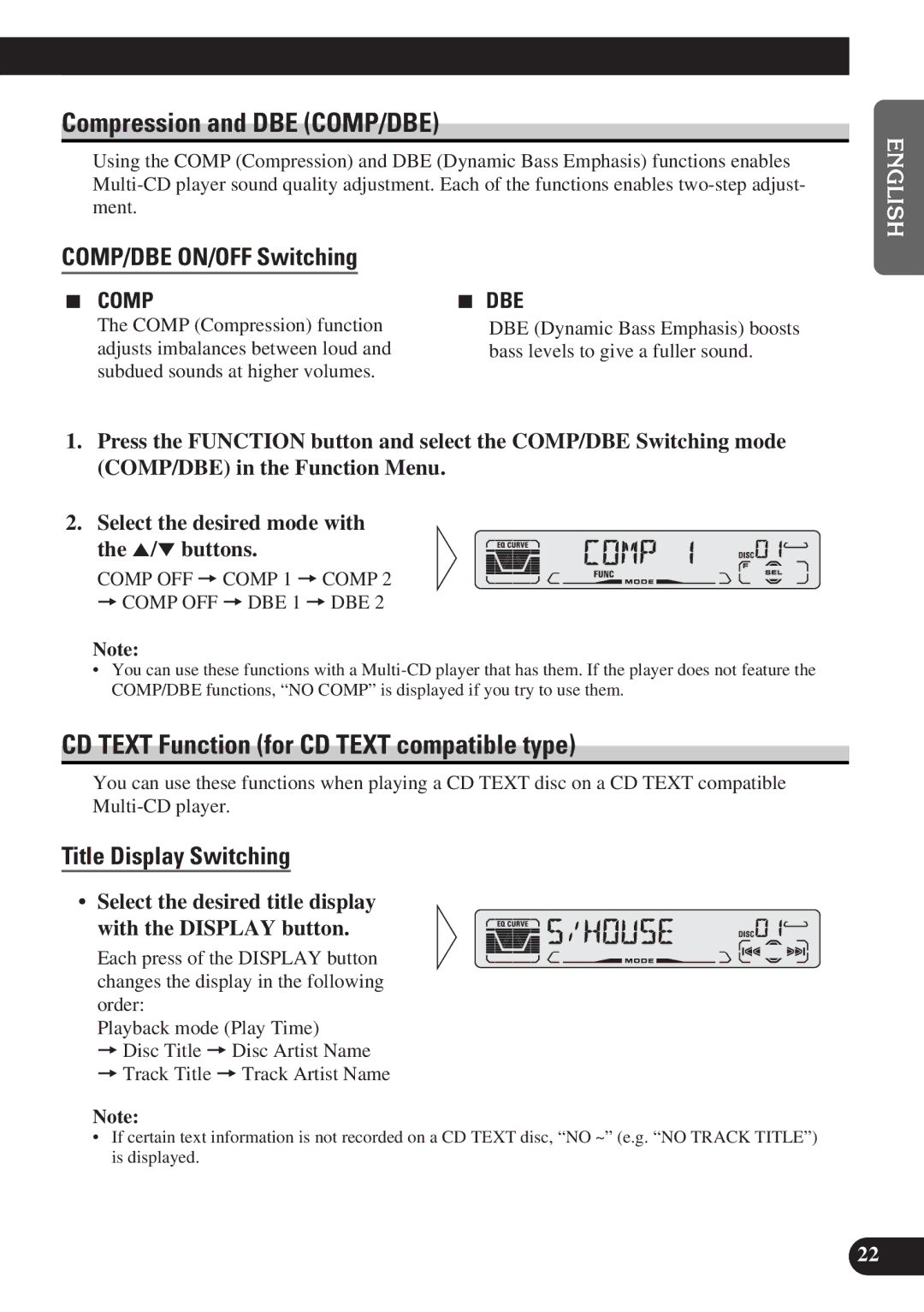 Pioneer DEH-P3150-B Compression and DBE COMP/DBE, CD Text Function for CD Text compatible type, COMP/DBE ON/OFF Switching 