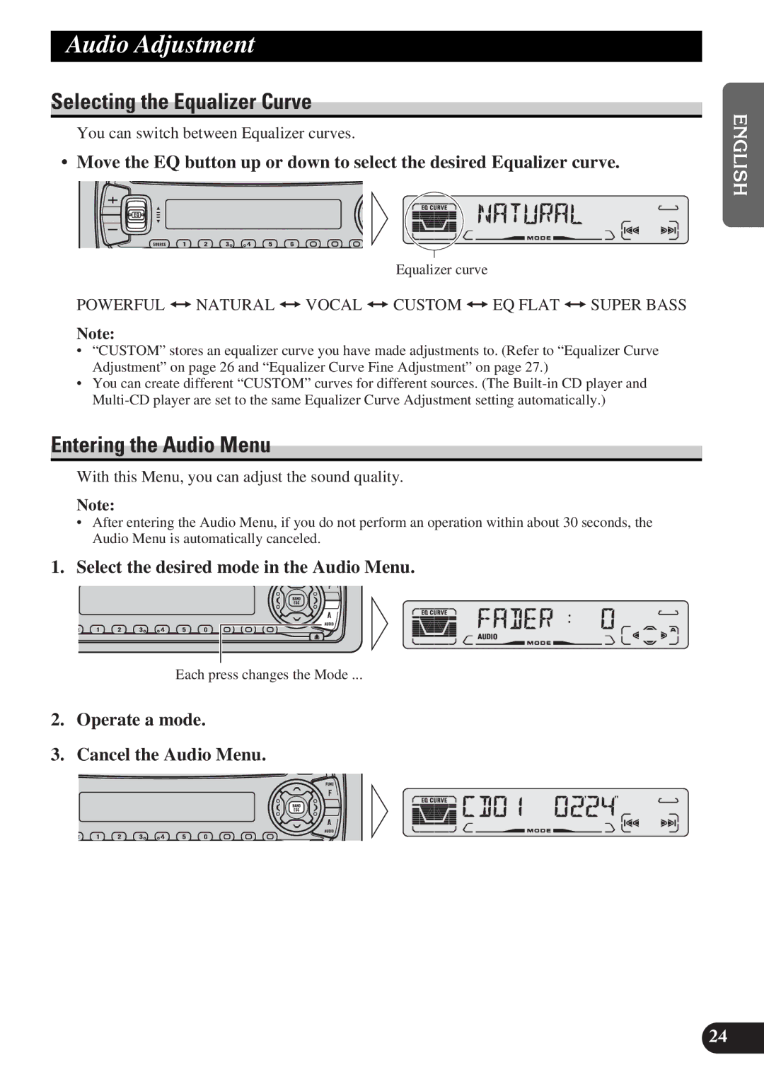 Pioneer DEH-P3150-B operation manual Audio Adjustment, Selecting the Equalizer Curve, Entering the Audio Menu 