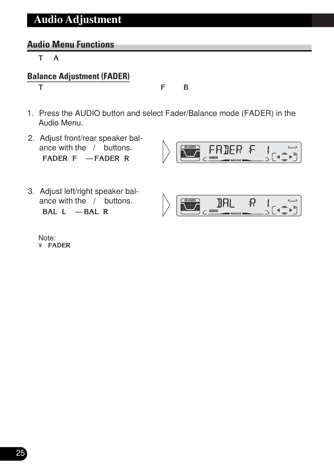 Pioneer DEH-P3150-B operation manual Audio Menu Functions, Balance Adjustment Fader 