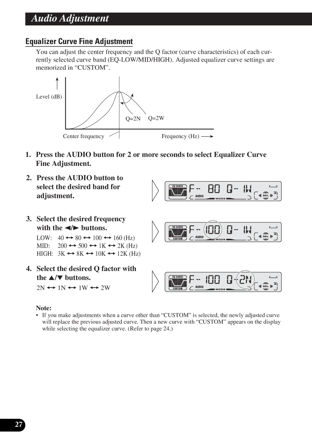 Pioneer DEH-P3150-B operation manual Equalizer Curve Fine Adjustment, Select the desired Q factor with the 5/∞ buttons 