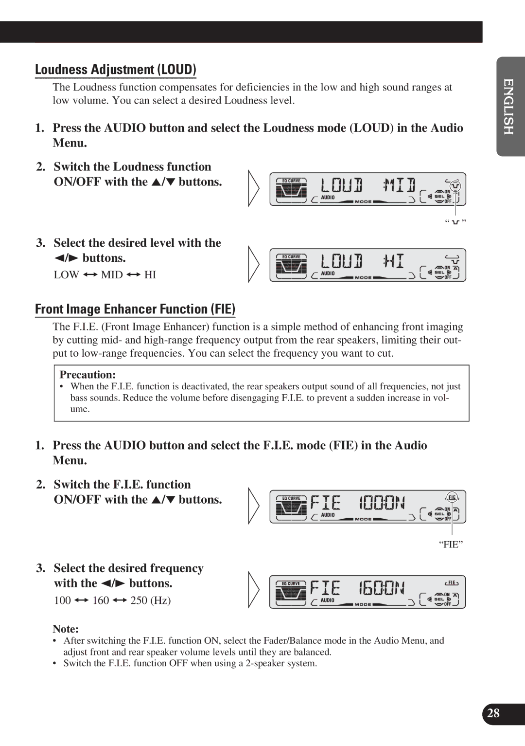 Pioneer DEH-P3150-B operation manual Loudness Adjustment Loud, Front Image Enhancer Function FIE, Precaution 