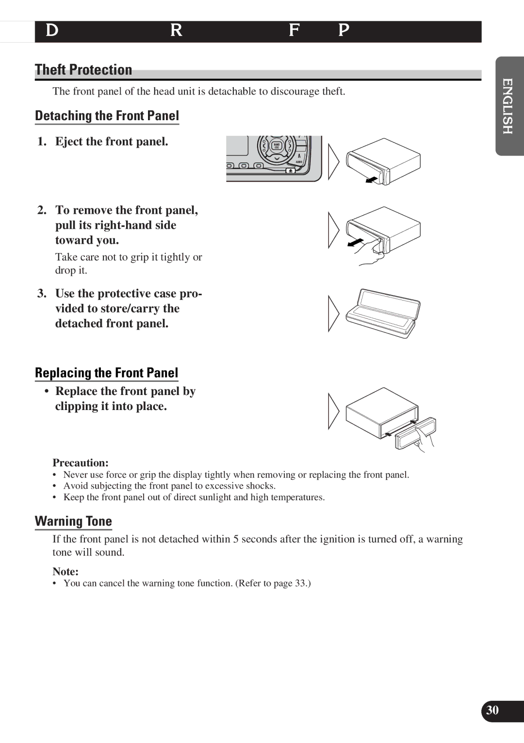 Pioneer DEH-P3150-B operation manual Detaching and Replacing the Front Panel, Theft Protection, Detaching the Front Panel 