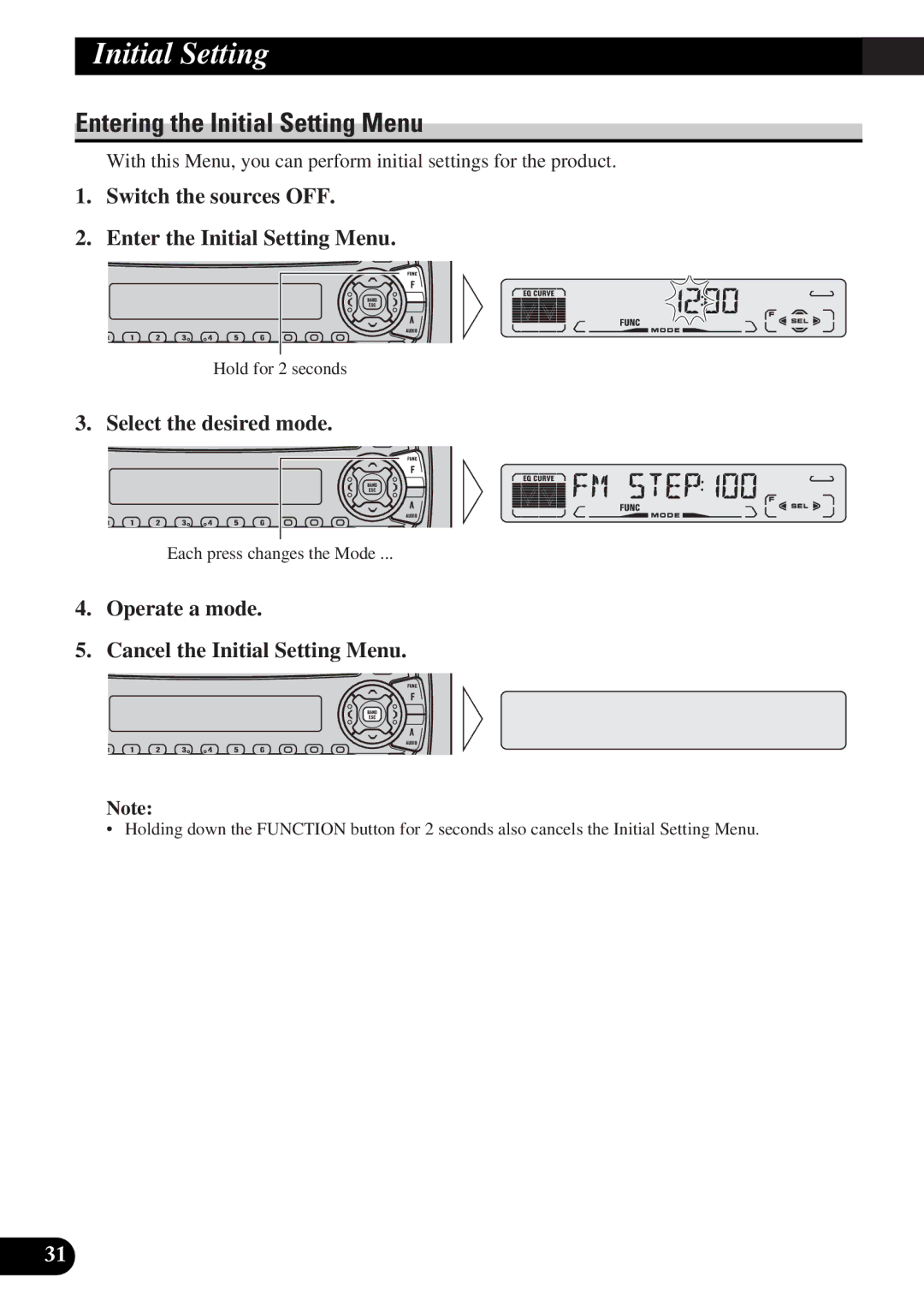 Pioneer DEH-P3150-B Entering the Initial Setting Menu, Switch the sources OFF Enter the Initial Setting Menu 