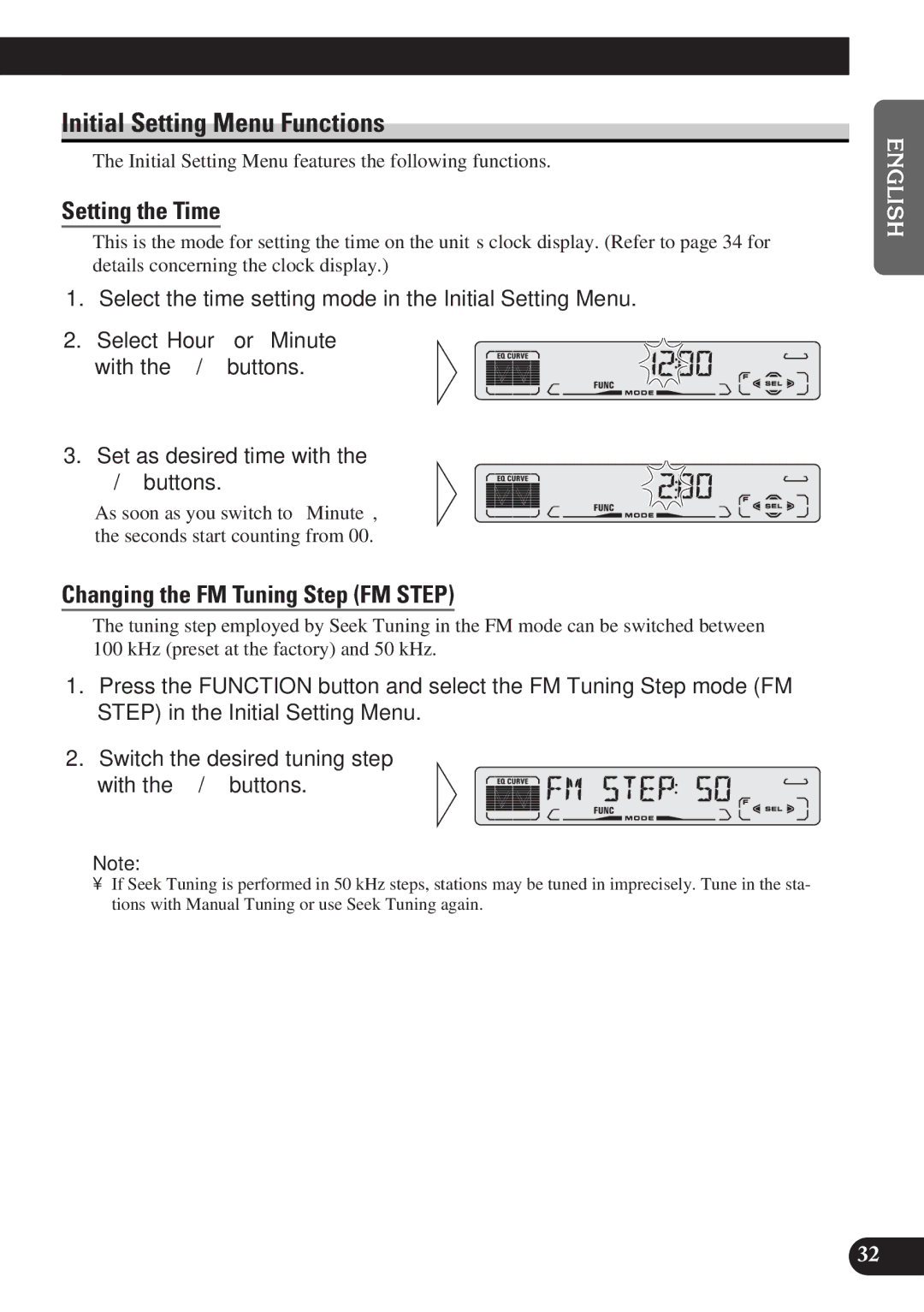 Pioneer DEH-P3150-B operation manual Initial Setting Menu Functions, Setting the Time, Changing the FM Tuning Step FM Step 