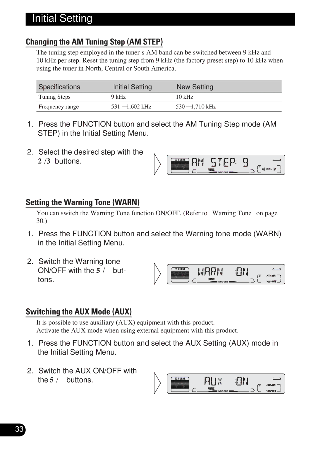 Pioneer DEH-P3150-B Changing the AM Tuning Step AM Step, Setting the Warning Tone Warn, Switching the AUX Mode AUX 