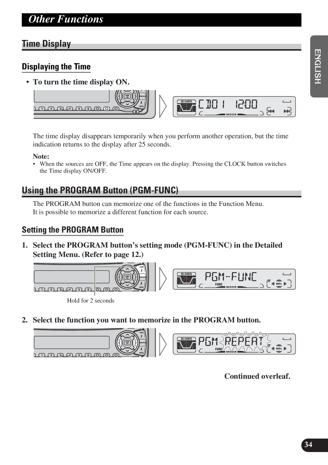 Pioneer DEH-P3150-B operation manual Other Functions, Time Display, Using the Program Button PGM-FUNC, Displaying the Time 