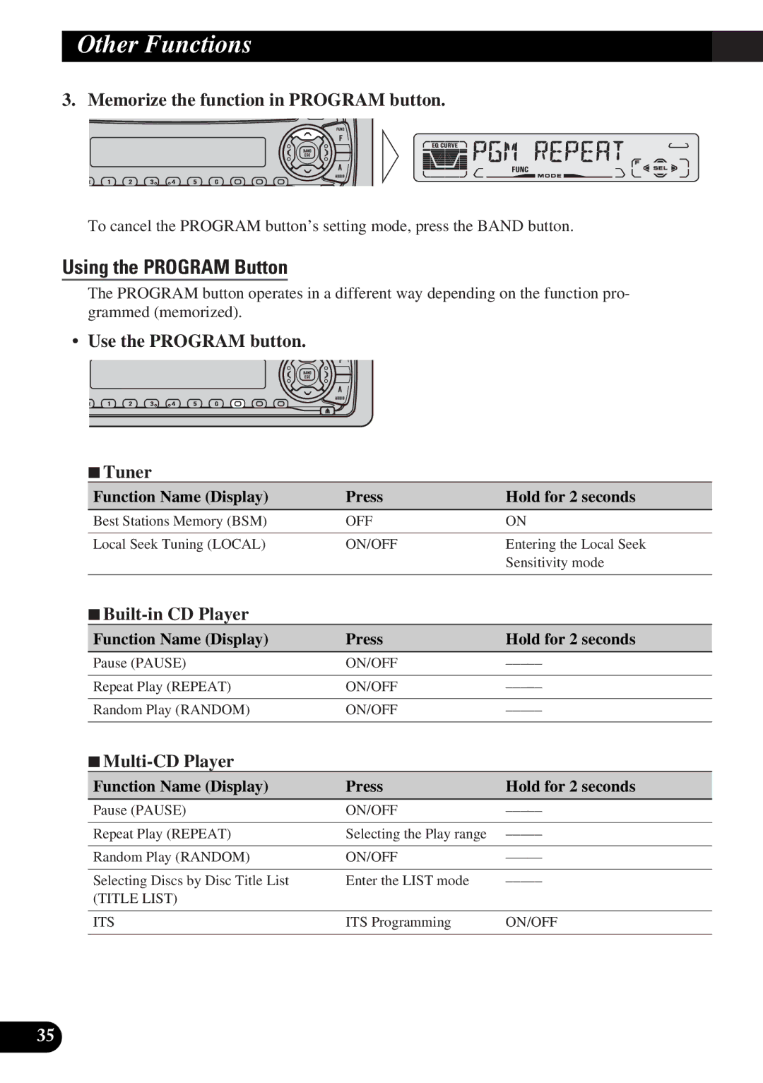 Pioneer DEH-P3150-B Using the Program Button, Memorize the function in Program button, Use the Program button 7Tuner 